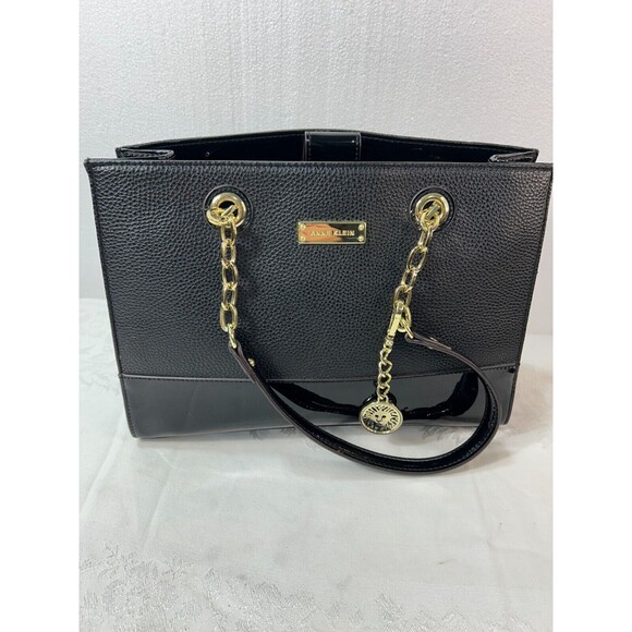 Anne Klein Leather Two-Toned Black Handbag with Gold Chain and Medallion - Picture 1 of 7